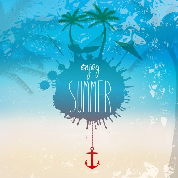 Vector grunge zomer strand illustratie met hangmat en palm tr — Stockvector