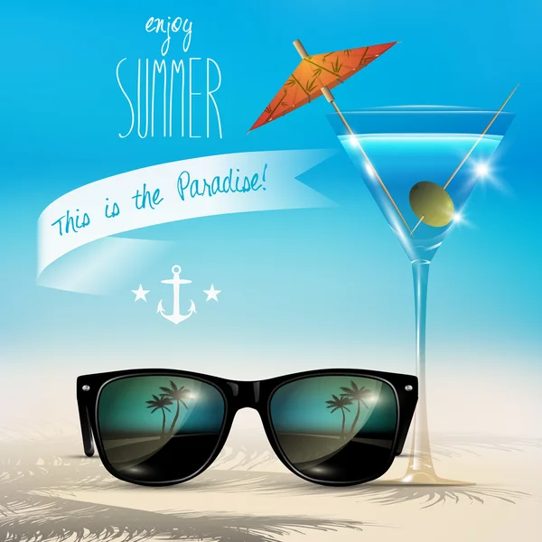 Vector summer blurred beach, with glass of cocktail and sunglass — Stock Vector