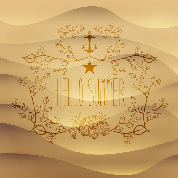 Hello summer cute, leafs frame on sand — стоковый вектор