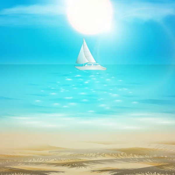 Vector summer beach background sand, ocean, sun and sailing yach — Stock Vector