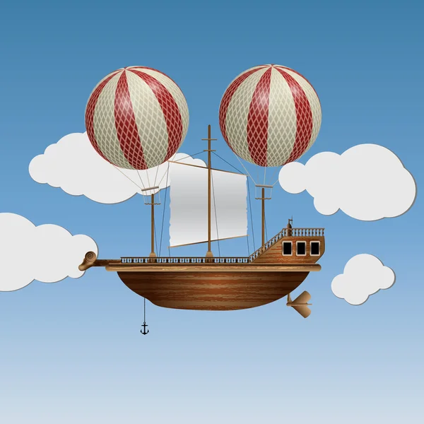 Vector flying wooden old ship in the sky — Stock Vector