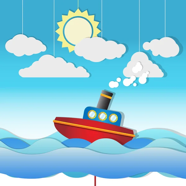 Bella barca a vapore vettore carino su carta tagliata paesaggio marino — Vettoriale Stock
