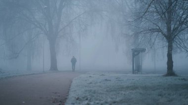 Young man walking through the city park on a foggy and cold autumn morning. Front view. Peaceful atmosphere. Alone man walking in a fog.