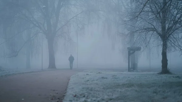 Young Man Walking City Park Foggy Cold Autumn Morning Front — Φωτογραφία Αρχείου