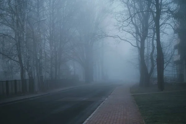 Foggy Strada Asfaltata Città Vuota Una Fredda Mattina Autunno Viaggio — Foto Stock