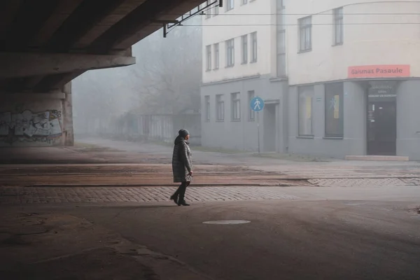 Ryga Łotwa Listopada 2021 Kobieta Szarym Płaszczu Kapeluszu Spacerująca Asfaltową — Zdjęcie stockowe