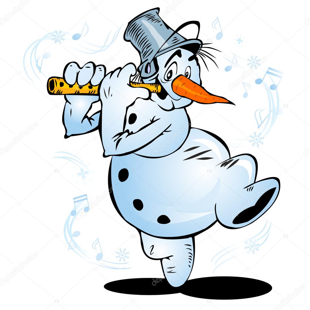 Cheerful dancing snowman plays the flute