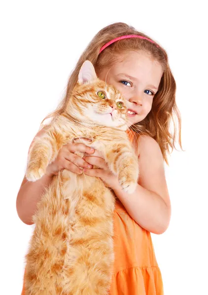 Holčička s velkým červená kočka — Stock fotografie