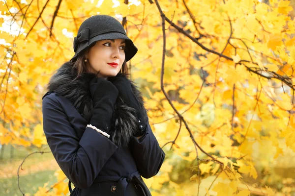 Woman in a black hat on background of autumn tree — Stock Photo, Image
