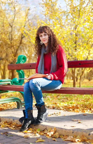 Dívka s knihou v podzimním parku — Stock fotografie