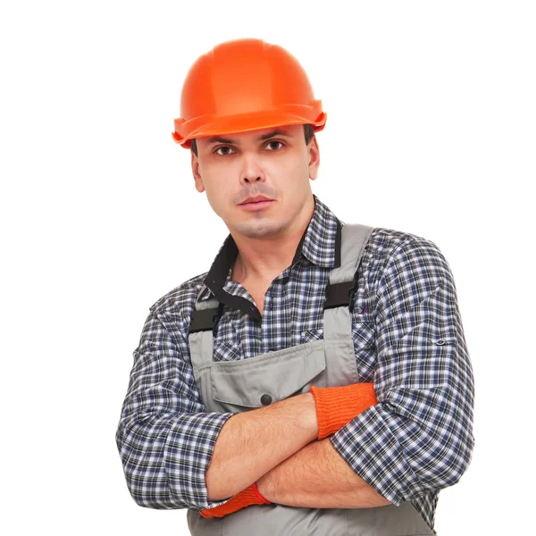 Retrato de trabajador confiado en casco aislado en blanco — Foto de Stock