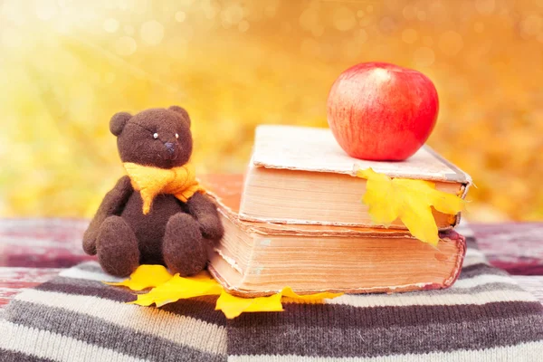 Urso, maçã e livros em um banco — Fotografia de Stock