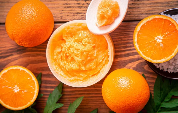 Esfoliação Laranja Para Rosto Corpo Produto Cosmético Feito Ingredientes Naturais — Fotografia de Stock