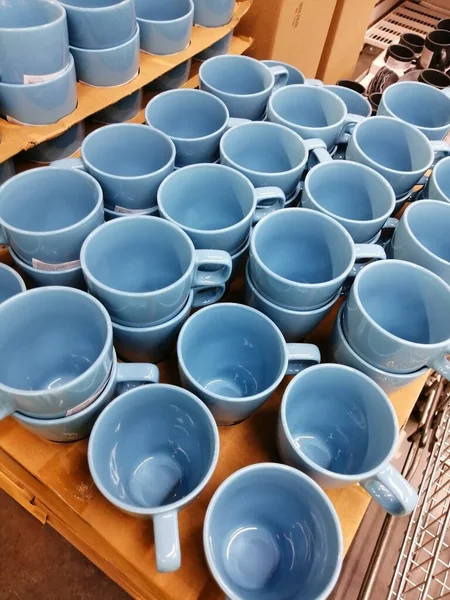 Tasses Bleu Ensemble Tasses Ustensiles Pour Cuisine — Photo
