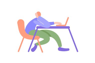 Erkek ofis bilgisayarı. İş ofisi. Adam sandalyede bir masada oturuyor. biçimlendirilmiş renk vektörü çizimi