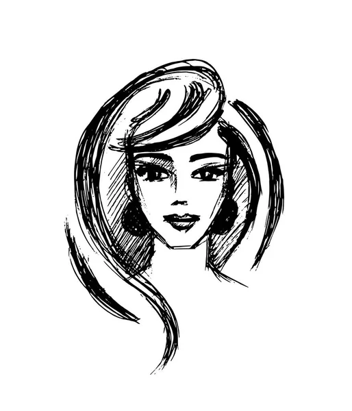 顔の芸術 女性の肖像ロゴ 女の子の髪型 美容室 少女の顔 手描きベクトルイラスト — ストックベクタ
