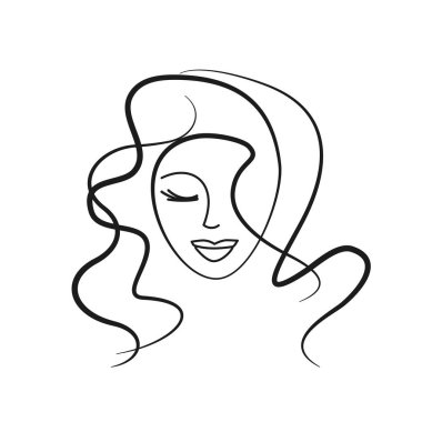 Kadın saç stili logo ince çizgiler. kız yüzü simgesi - vektör illüstrasyonu beyaz arkaplanda izole edildi. Güzellik salonu, kozmetoloji