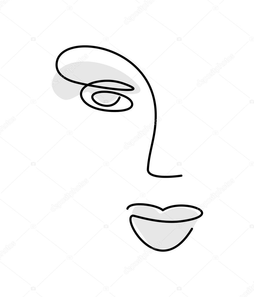 Face one line. girl face - beauty salon logo. portrait art - thin line drawing. facial features icon. nose and lips