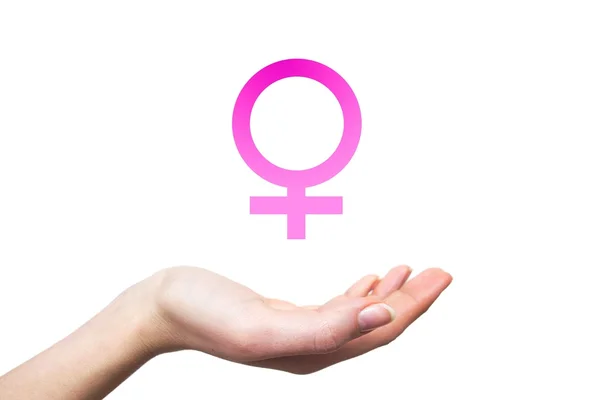 Female sex sign, woman's hand on white background — Stock Photo, Image