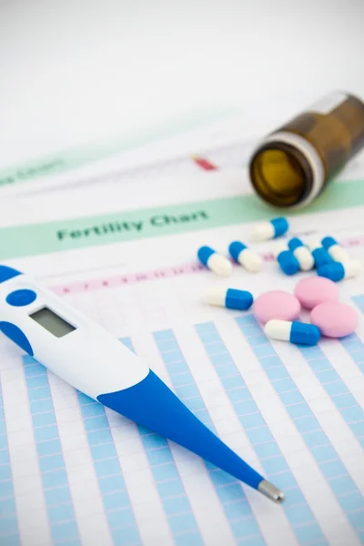 Electronic thermometer and pills on fertility chart — Stock Photo, Image