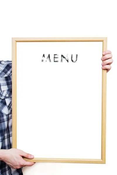 Man holding a blank white board, showing an empty menu — Stock Photo, Image
