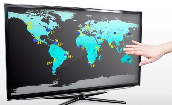 Mano que muestra el pronóstico del tiempo en la pantalla de TV moderna —  Fotos de Stock