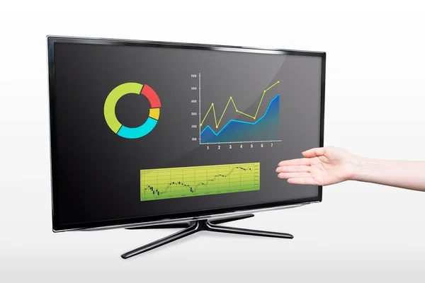 Gráfico de crescimento de sucesso empresarial. Mão mostrando tela de TV moderna — Fotografia de Stock
