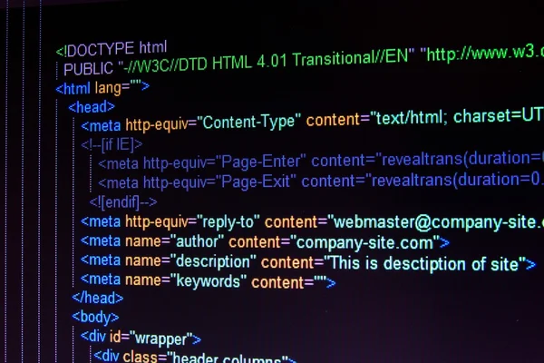 Code of HTML language on black LCD screen — Stock Photo, Image