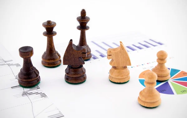 Peças de xadrez no fundo do negócio. Comportamento estratégico da empresa — Fotografia de Stock