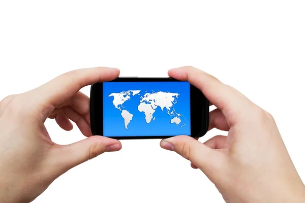 Mobile phone with world map on display — Stock Photo, Image