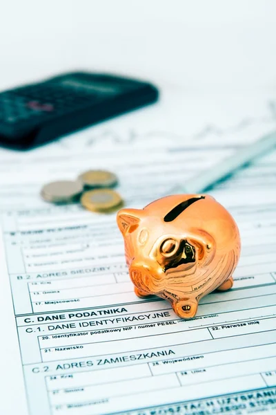 Piggybank on polish tax form. Coins and calculator in background — Stock Photo, Image