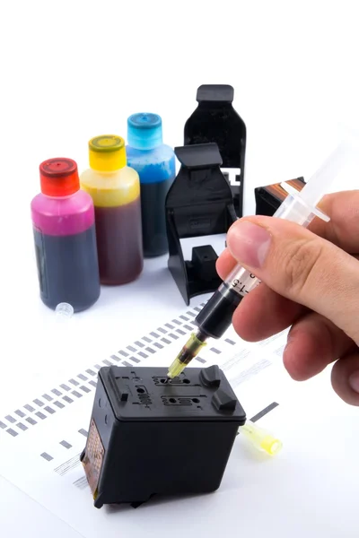 Injecting ink cartridge. Set of refill inkjet for print. — Stock Photo, Image