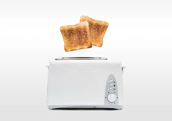 Springen Toasts. Frühstück im modernen Toaster zubereiten — Stockfoto