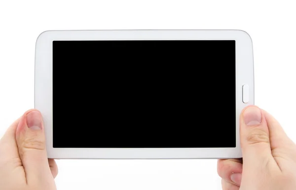 Hand holding tablet pc with empty black display. Horizontal comp — Stock Photo, Image