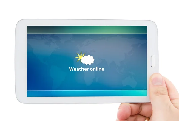 手控股平板电脑与手机天气预报应用程序 — 图库照片