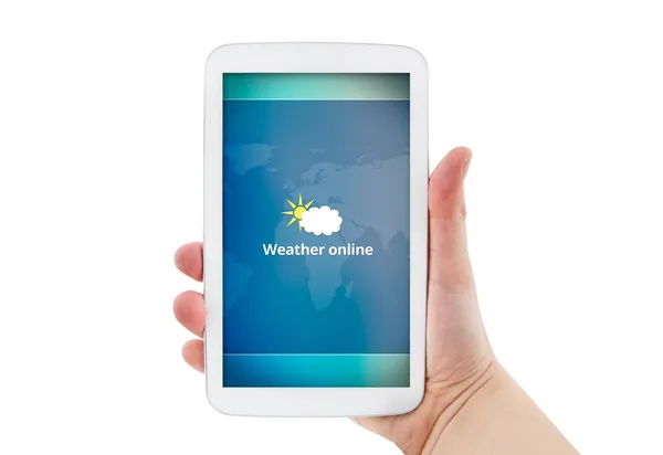 Hand holding tablet with mobile weather forecast app — Stock Photo, Image
