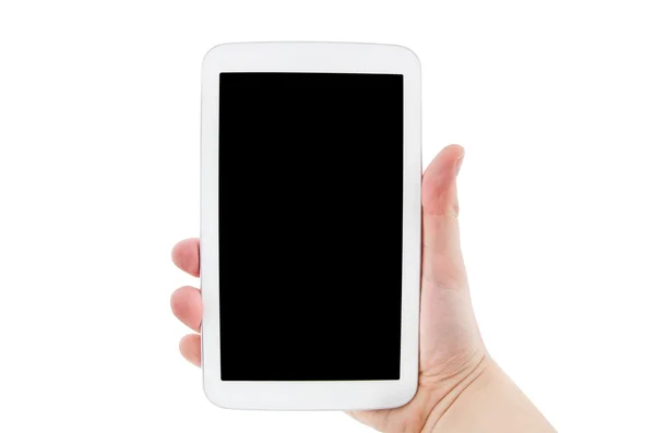 Hand holding tablet pc with empty black display. Horizontal comp — Stock Photo, Image