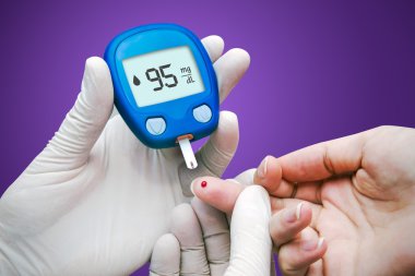 Doctor making blood sugar test. Hands with gloves on medical bac clipart