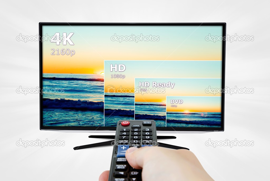 4K television display with comparison of resolutions. Remote con