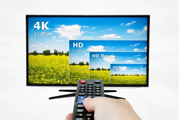 Pantalla de televisión 4K con comparación de resoluciones. Control remoto —  Fotos de Stock