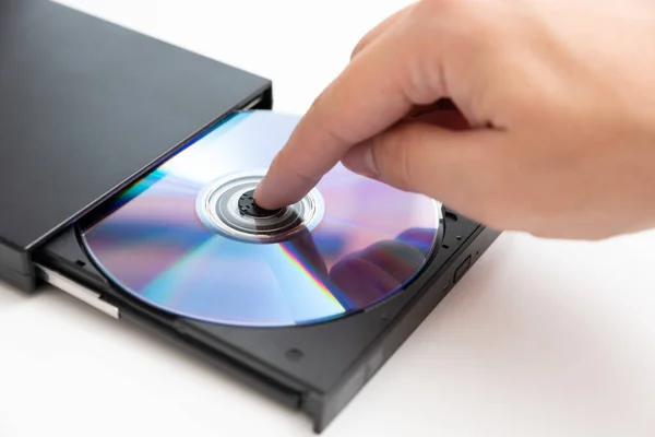 Externe Dvd Drive Reader Man Putting Disc Gegevensbeveiliging Digitale Gegevensopslag — Stockfoto
