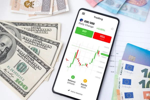 Handel Mobile App Währung Börsenkonzept Online Investitionen Auf Dem Smartphone — Stockfoto