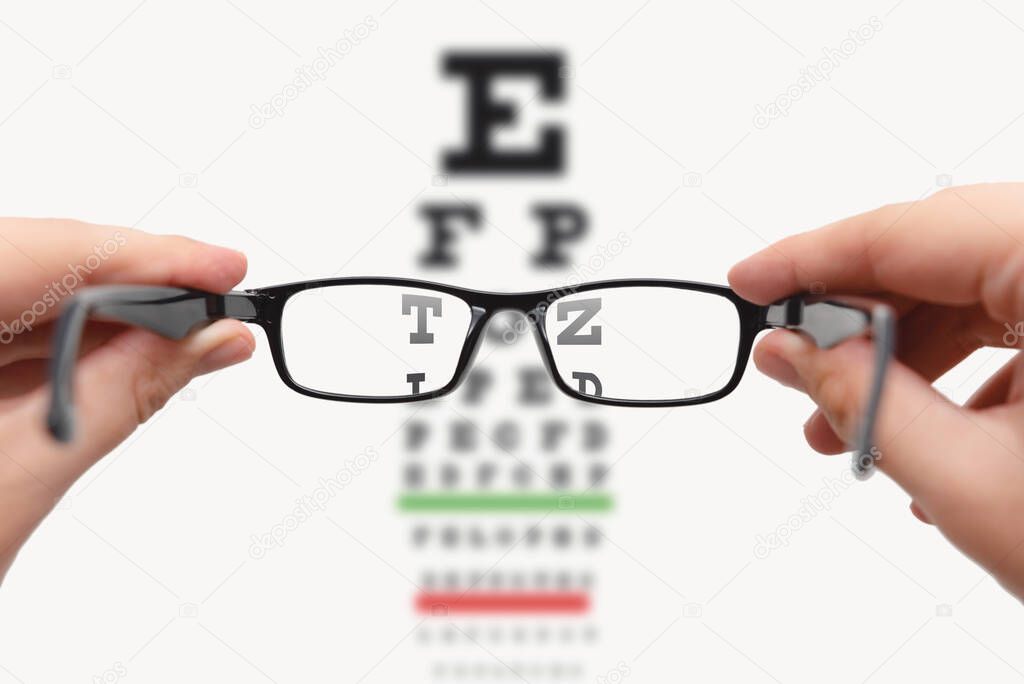 Glasses and Snellen's chart. Test eye examination. Optician, ophthalmologist concept