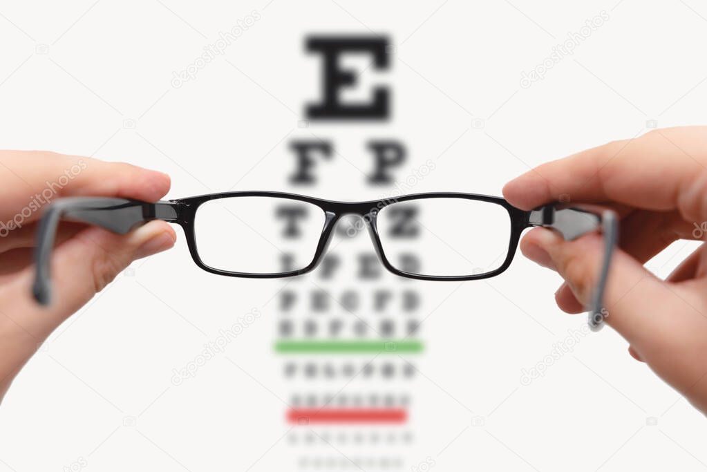 Glasses and Snellen's chart. Test eye examination. Optician, ophthalmologist concept