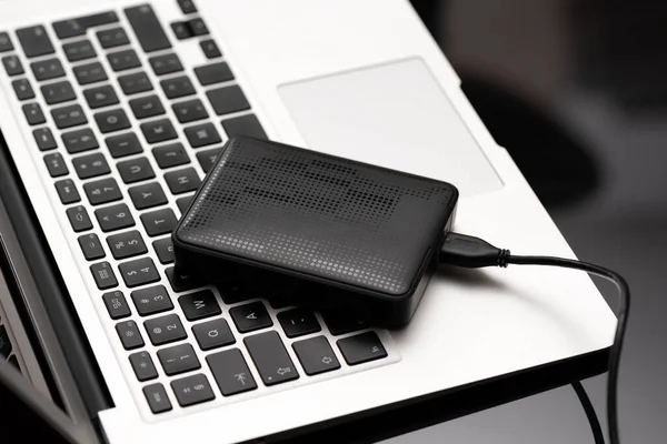 External Backup Disk Hard Drive Connected Laptop — Stock Photo, Image