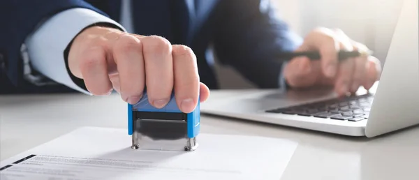 Businessman Stamps Documents Concept Contract Consent Clerk Working Office — Stock Photo, Image