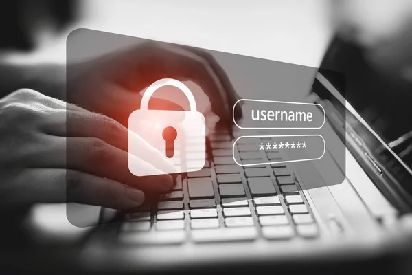 Netzwerk Sicherheitskonzept Sicherheitssysteme Tippen Mit Den Händen Auf Der Tastatur — Stockfoto