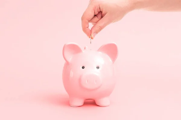 Hucha Cerdito Sobre Fondo Rosa Concepto Ahorro Presupuesto — Foto de Stock