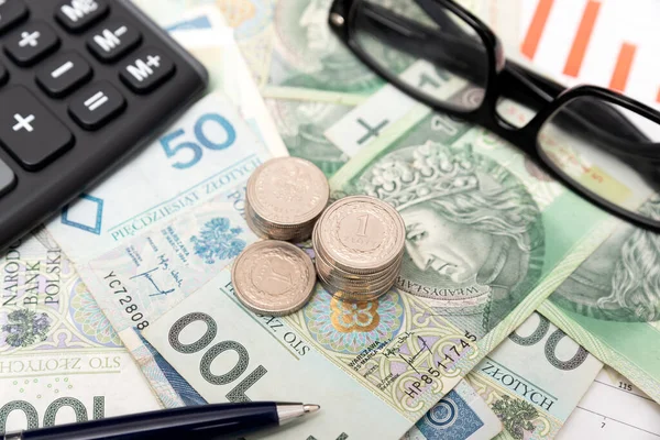 Polské Peníze Hromádka Mincí Polské Bankovky — Stock fotografie