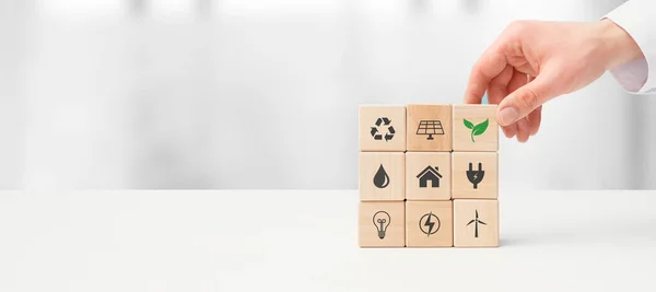 Environmental Protection Renewable Sustainable Energy Sources Hand Sets Blocks Symbols — Stock Photo, Image